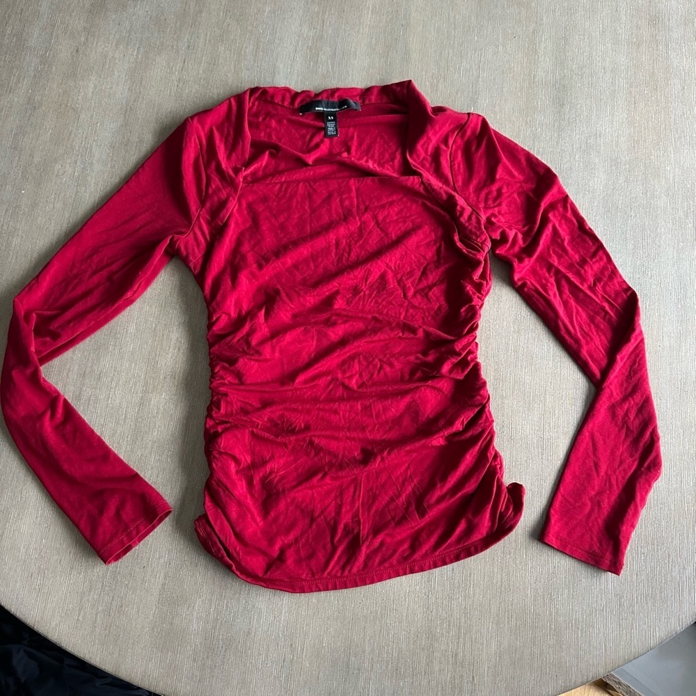 White House Black Market Red Long-Sleeve Ruched Side Top